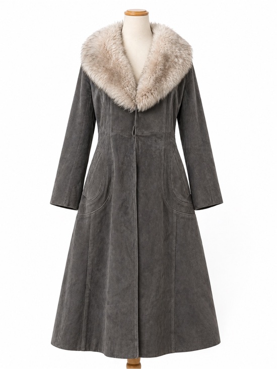 Vintage Jackets & Blazers - Women’s Long Gray Suede Coat with Real Fur Collar
